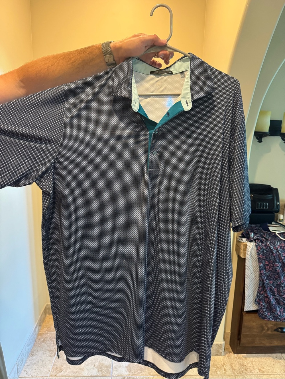 Greyson  Golf Navy Microdot Polo with Light Blue Contrast Trim